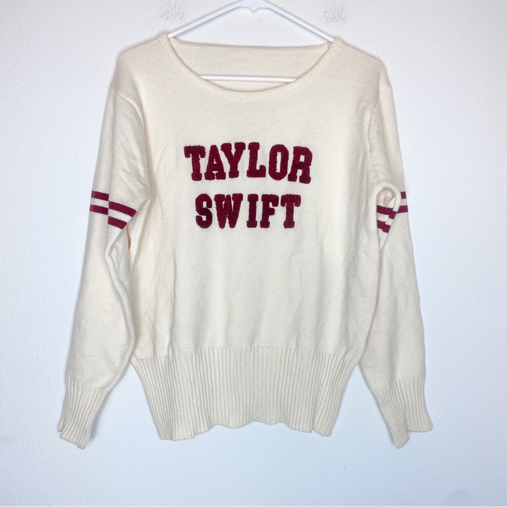 Taylor Swift Official Merch Cream and Burgundy Varsity Style Sweater